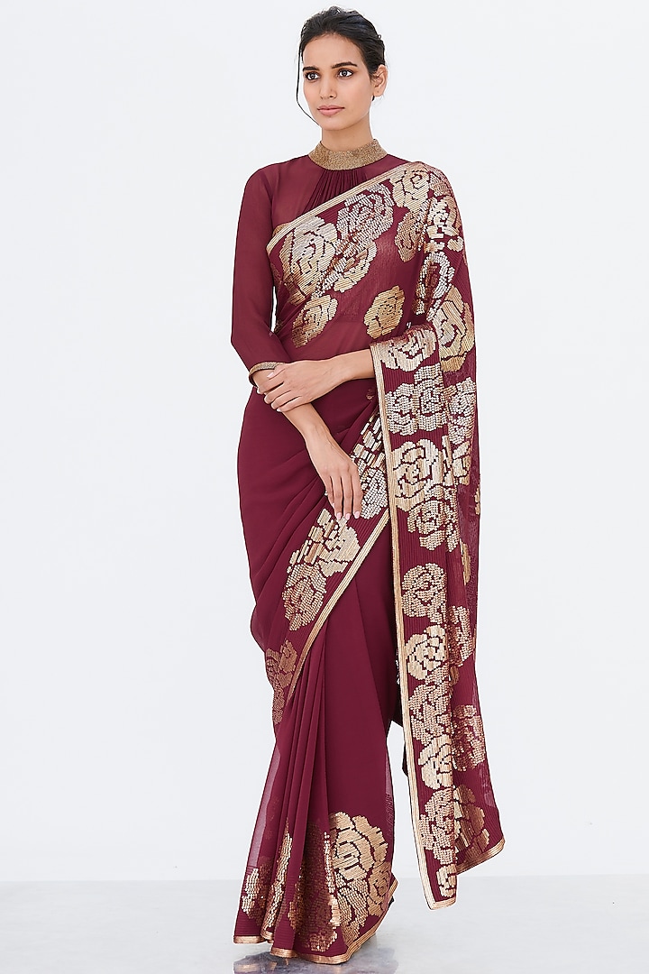 Wine Chiffon Sequins Embroidered Saree Set by Nakul Sen