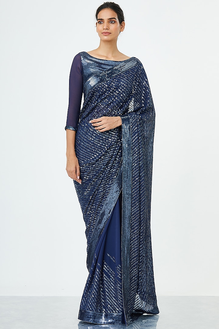 Navy Blue Embroidered Saree Set by Nakul Sen at Pernia's Pop Up Shop