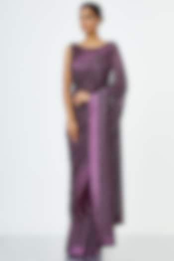 Aubergine Purple Embroidered Saree Set by Nakul Sen