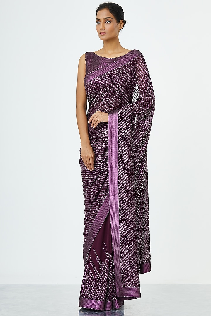 Aubergine Purple Embroidered Saree Set by Nakul Sen