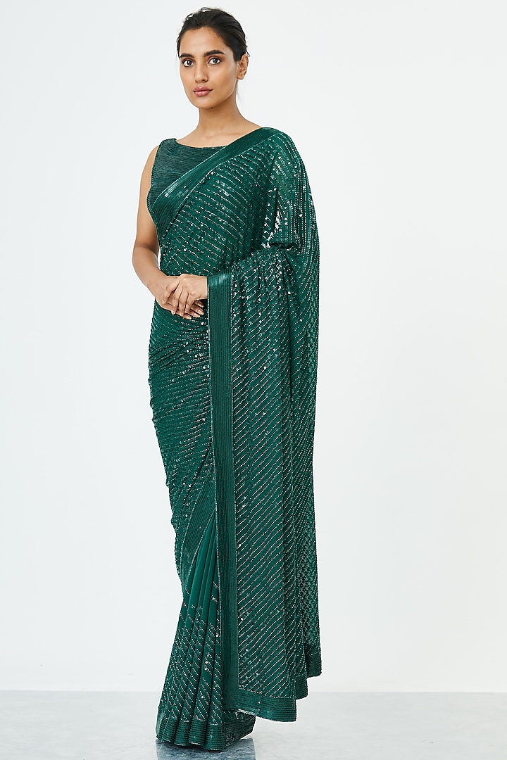 Emerald Green Chiffon Sequins Embroidered Saree Set by Nakul Sen