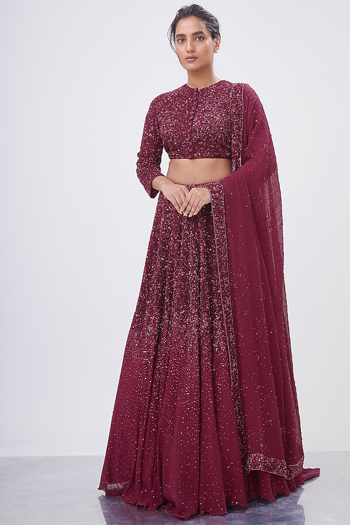 Wine Embroidered Lehenga Set by Nakul Sen