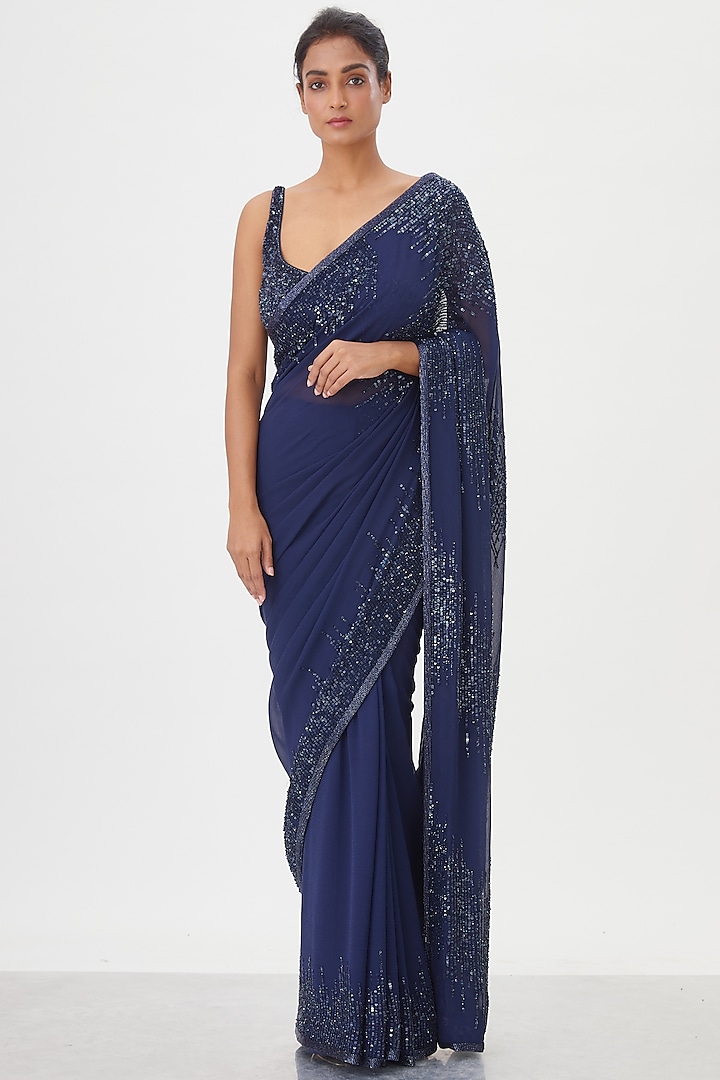 Navy Blue Sequins Embroidered Saree Set by Nakul Sen