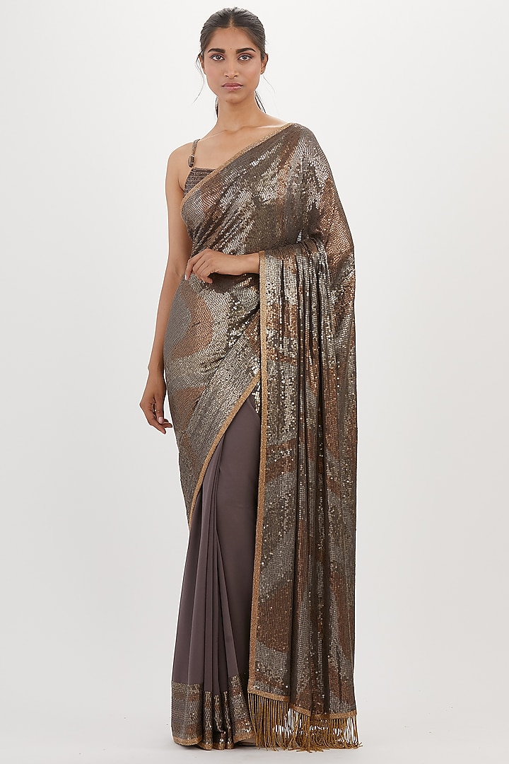 Charcoal Chiffon Sequins Saree Set by Nakul Sen