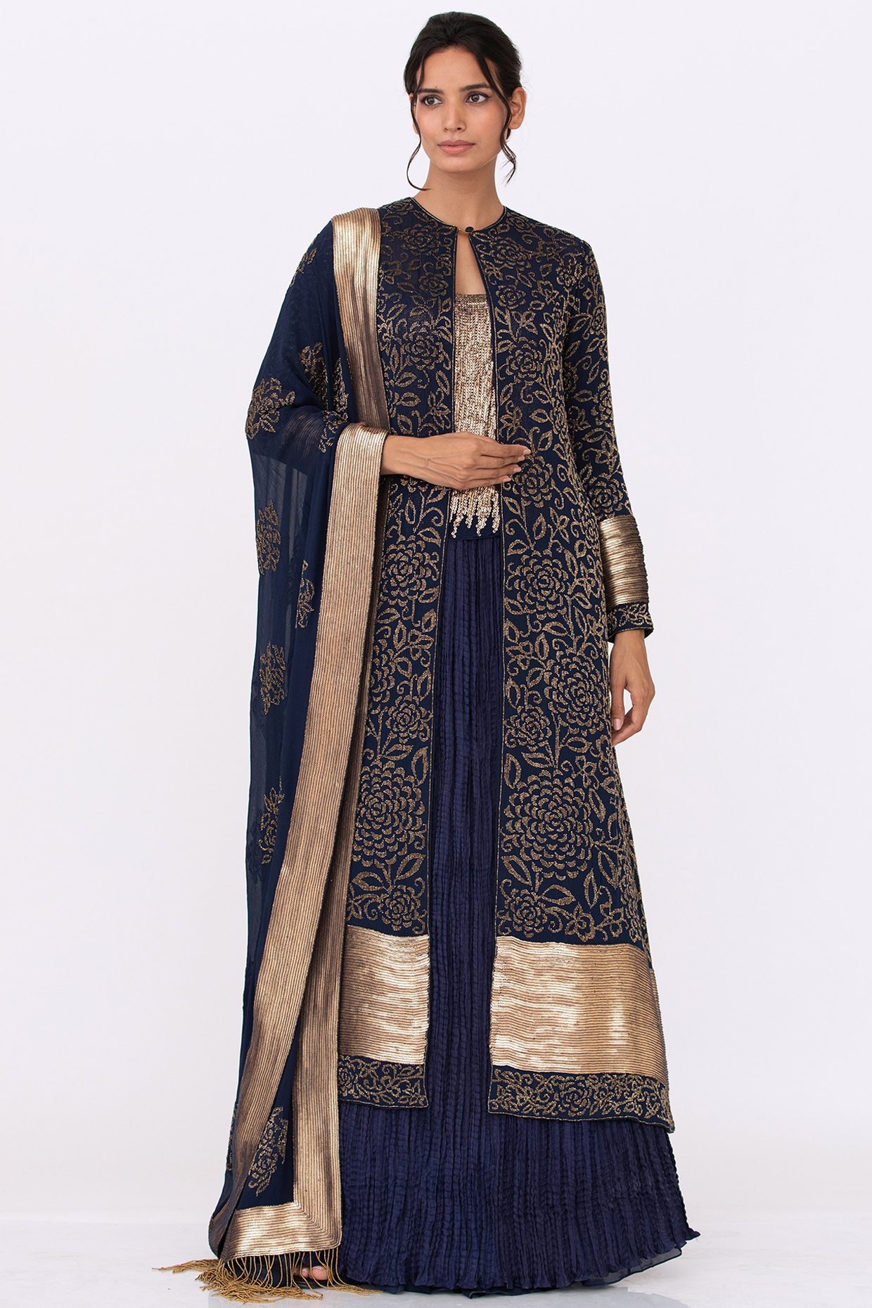 Navy Blue Chiffon Embroidered Jacket Set by Nakul Sen