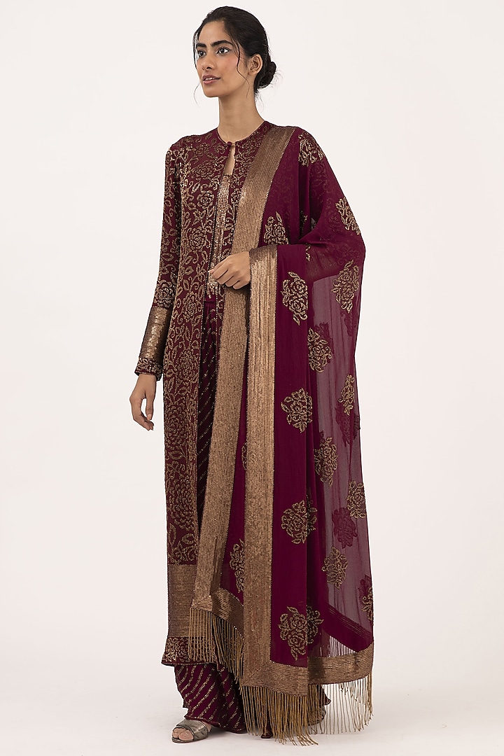 Wine Chiffon Embroidered Jacket Set by Nakul Sen