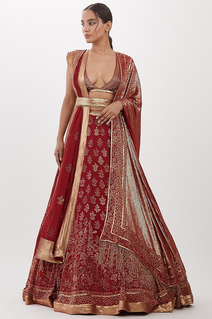 Red Chiffon Embroidered Bridal Lehenga Set by Nakul Sen at Pernia's Pop Up Shop