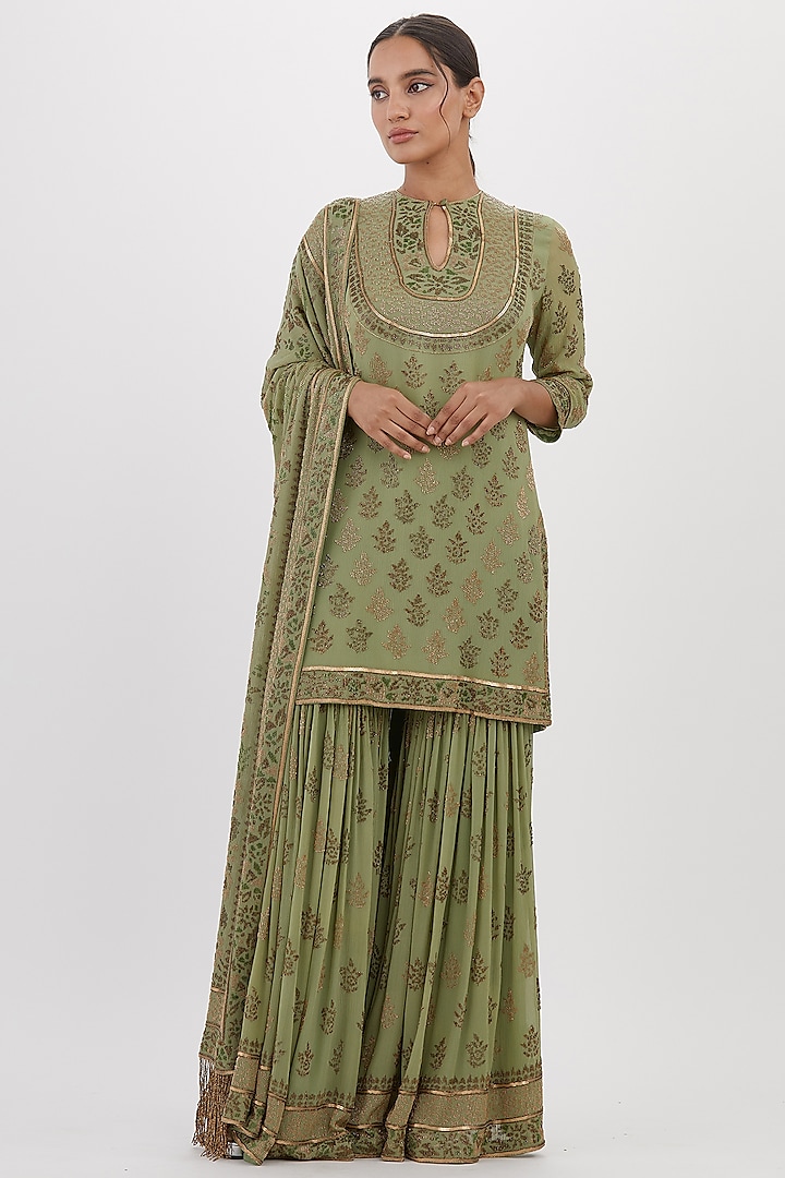 Pista Chiffon Embroidered Sharara Set by Nakul Sen