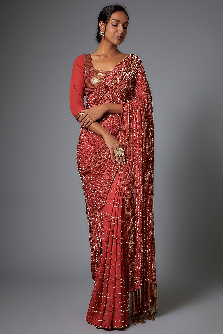 Coral Red Chiffon Embroidered Saree Set by Nakul Sen at Pernia's Pop Up Shop