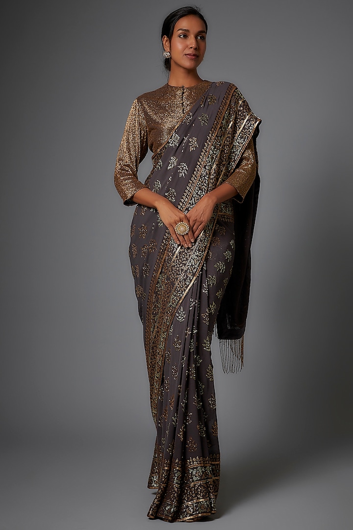 Charcoal Chiffon Embroidered Saree Set by Nakul Sen