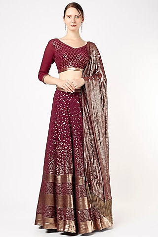 Wine Sequins Embroidered Lehenga Set by Nakul Sen