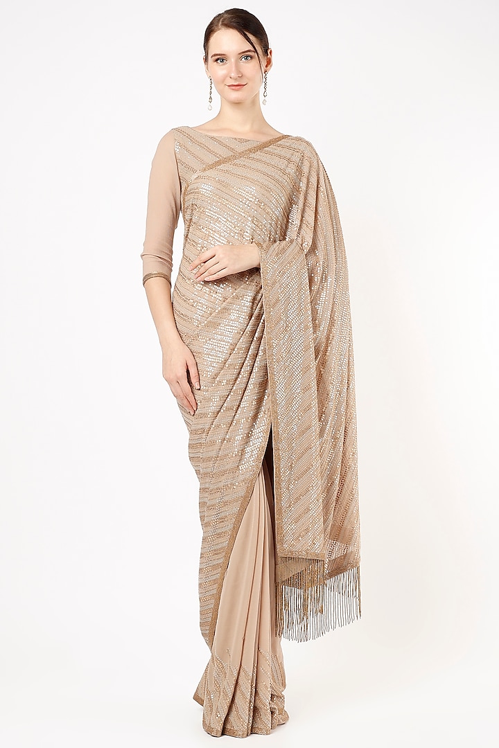 Beige Sequins Embroidered Saree Set by Nakul Sen at Pernia's Pop Up Shop