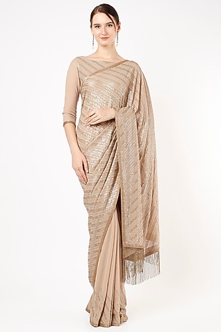 Beige Sequins Embroidered Saree Set by Nakul Sen
