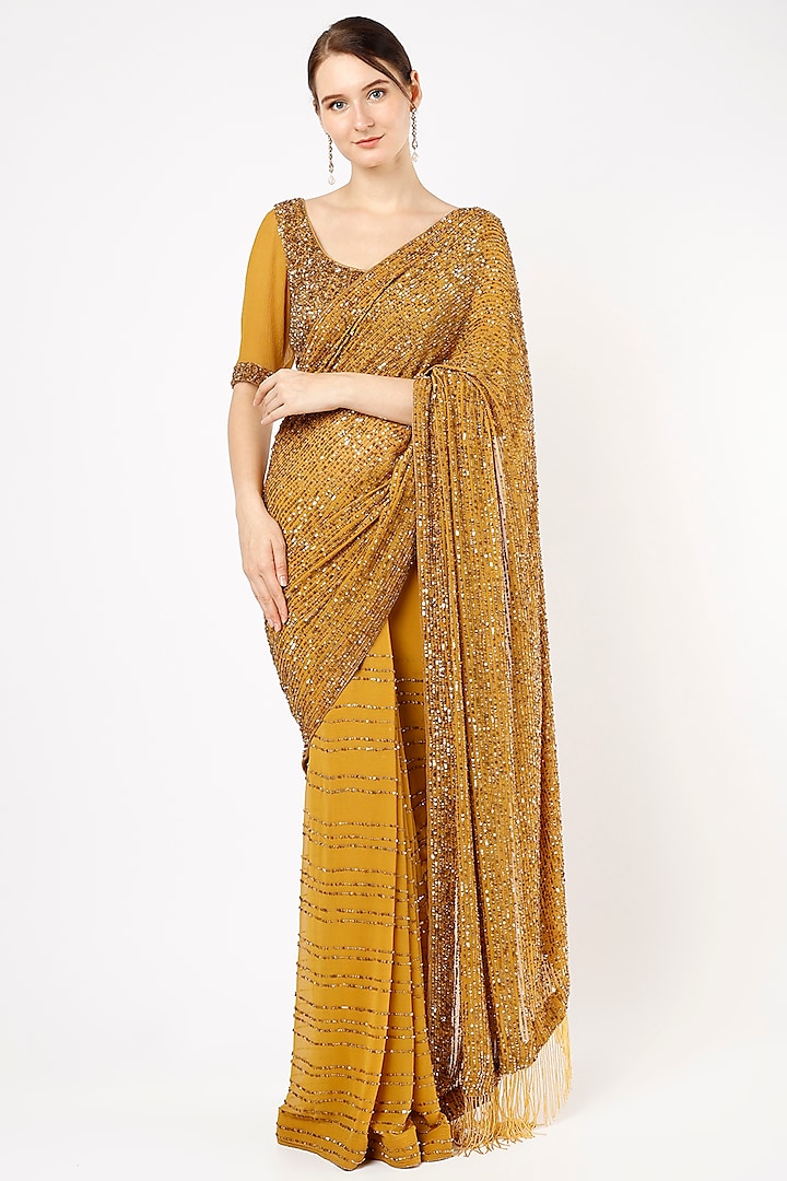 Gold Sequins Embroidered Saree Set by Nakul Sen