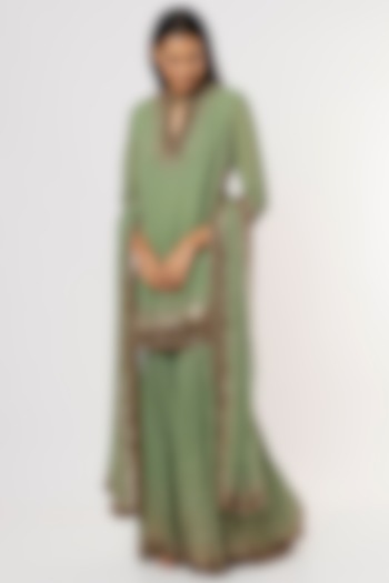 Pista Green Silk Chiffon Sharara Set by Nakul Sen