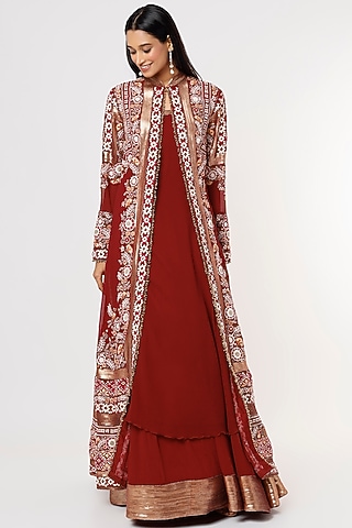 Red Embroidered Jacket Set  by Nakul Sen