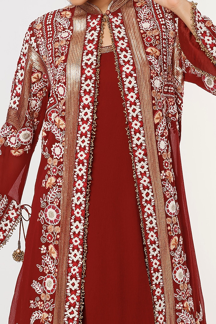 Red Embroidered Jacket Set by Nakul Sen at Pernia's Pop Up Shop