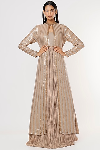 Beige Embroidered Gown With Jacket by Nakul Sen