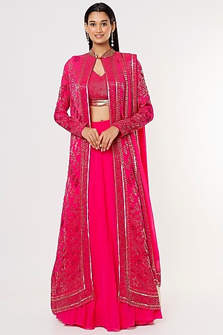 Rani Pink Embroidered Jacket Set by Nakul Sen