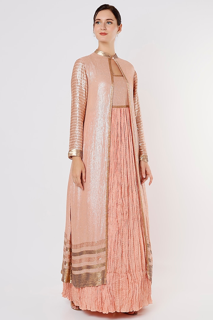 Blush Pink Embroidered Gown With Jacket by Nakul Sen