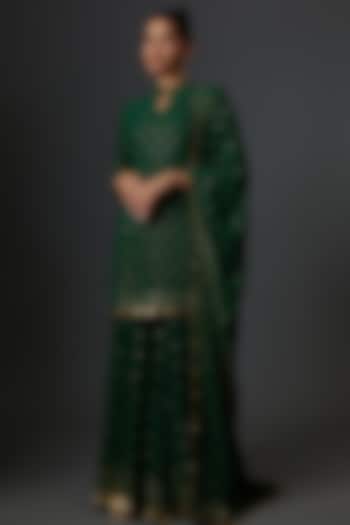 Green Chiffon Embroidered Sharara Set by Nakul Sen