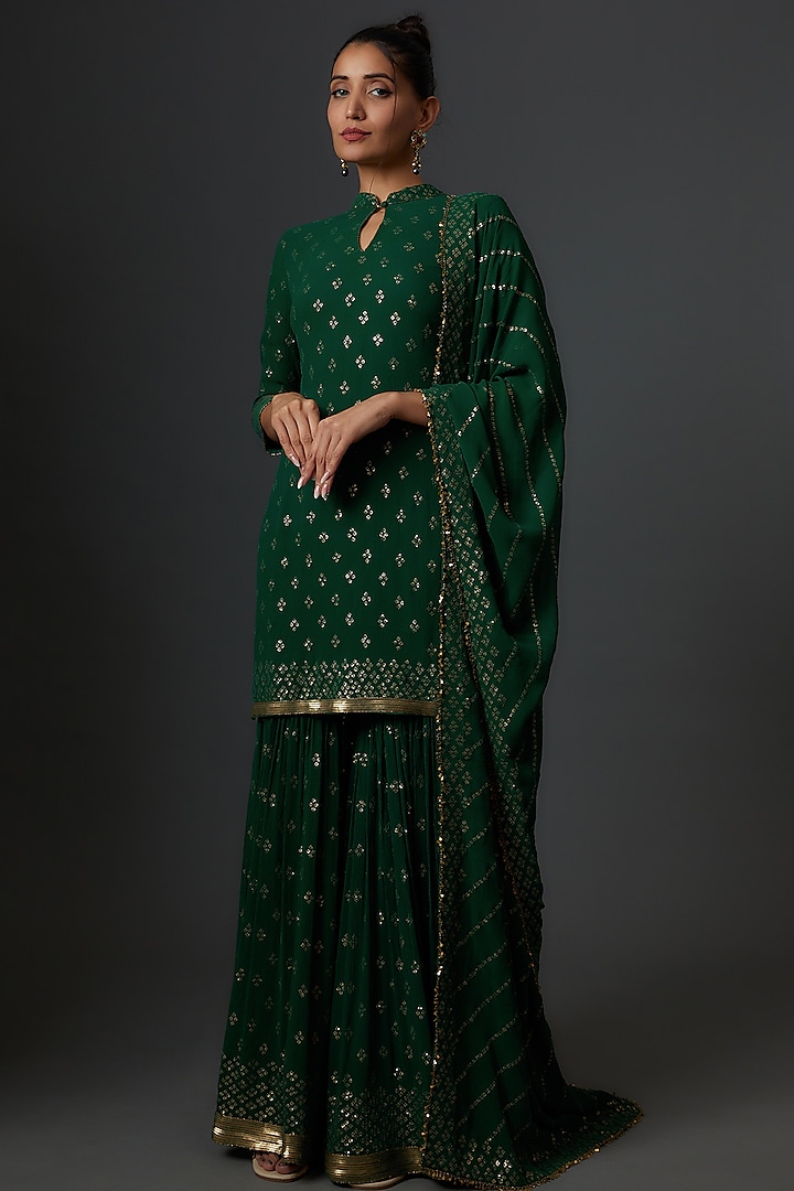 Green Chiffon Embroidered Sharara Set by Nakul Sen