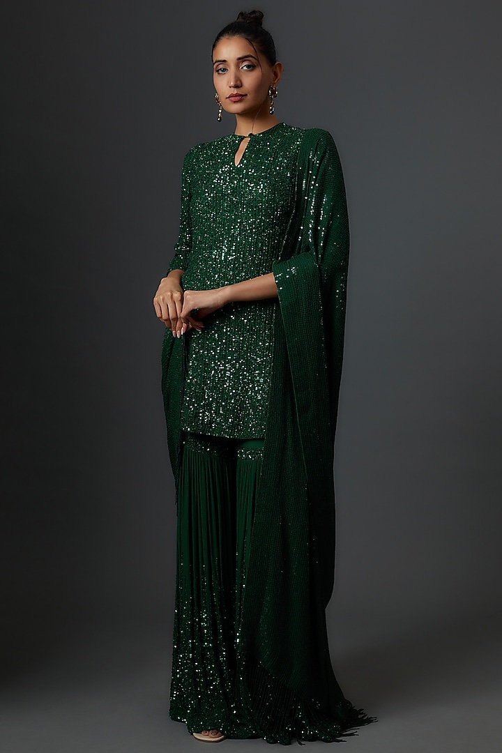 Green Chiffon Sequins Embroidered Sharara Set by Nakul Sen