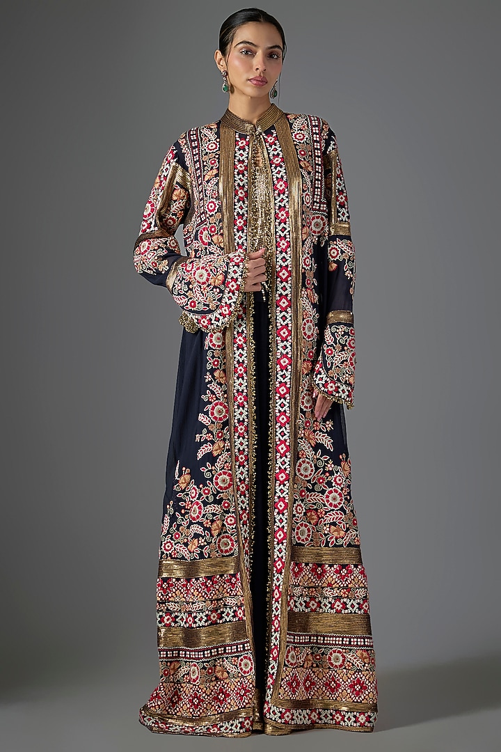 Navy Blue Chiffon Thread Embroidered Jacket Set by Nakul Sen at Pernia's Pop Up Shop