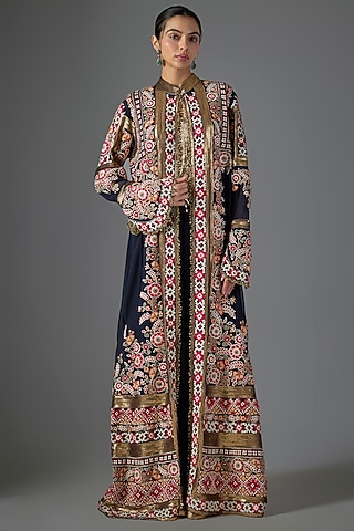 Navy Blue Chiffon Thread Embroidered Jacket Set by Nakul Sen