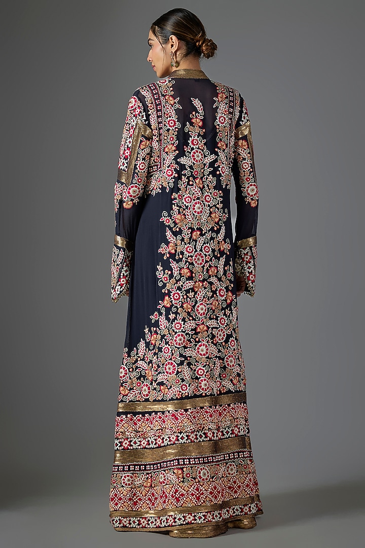 Navy Blue Chiffon Thread Embroidered Jacket Set by Nakul Sen at Pernia's Pop Up Shop