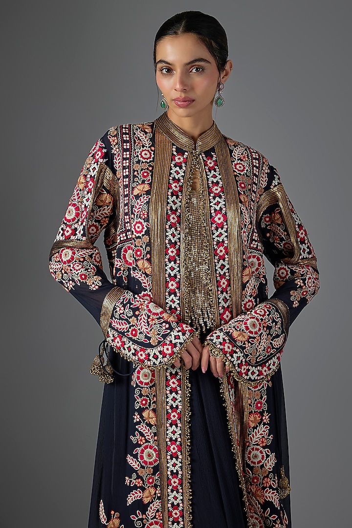 Navy Blue Chiffon Thread Embroidered Jacket Set by Nakul Sen at Pernia's Pop Up Shop