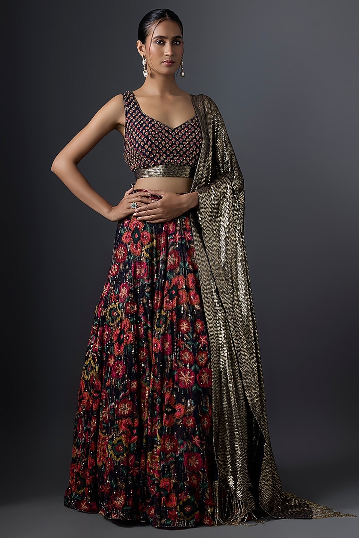 Navy Chiffon Thread Embroidered Bridal Lehenga Set by Nakul Sen at Pernia's Pop Up Shop