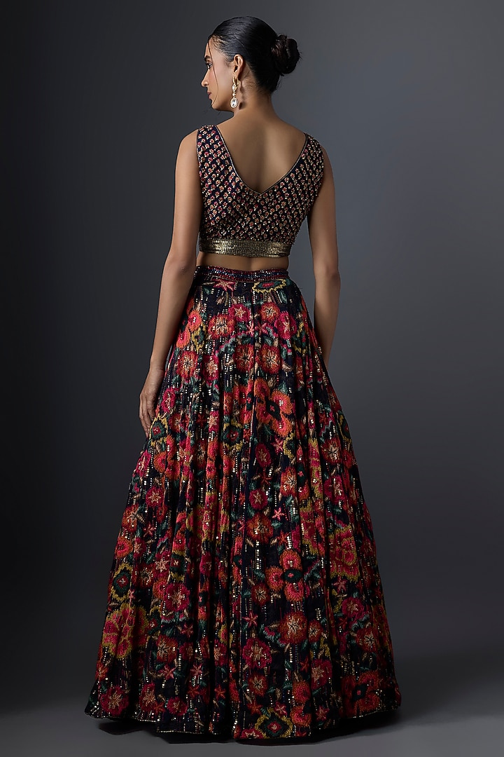 Navy Chiffon Thread Embroidered Bridal Lehenga Set by Nakul Sen at Pernia's Pop Up Shop