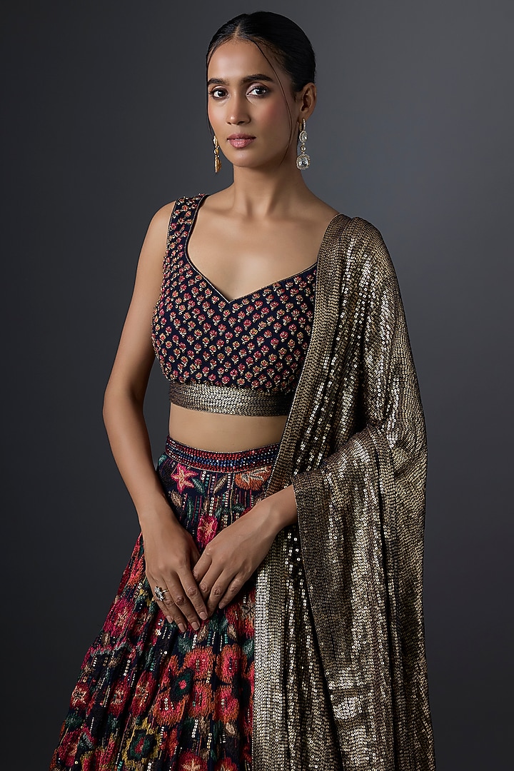 Navy Chiffon Thread Embroidered Bridal Lehenga Set by Nakul Sen at Pernia's Pop Up Shop