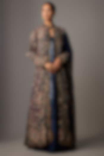 Blue Chiffon Thread Embroidered Jacket Set by Nakul Sen at Pernia's Pop Up Shop