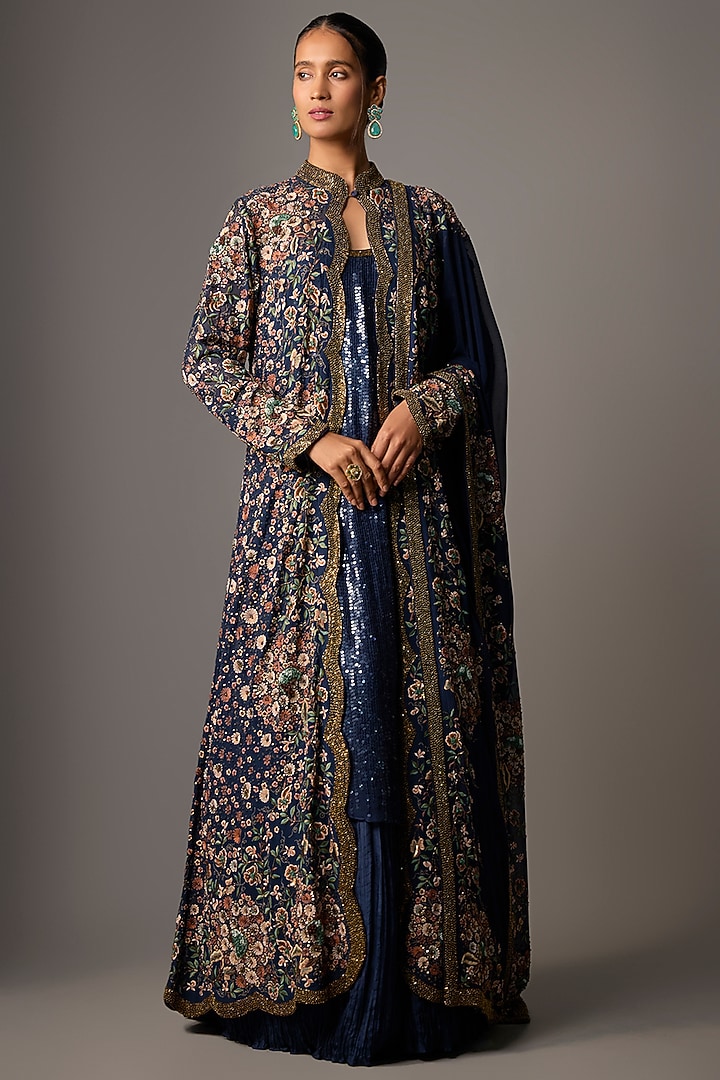 Blue Chiffon Thread Embroidered Jacket Set by Nakul Sen at Pernia's Pop Up Shop