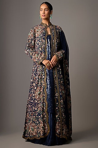 Blue Chiffon Thread Embroidered Jacket Set by Nakul Sen