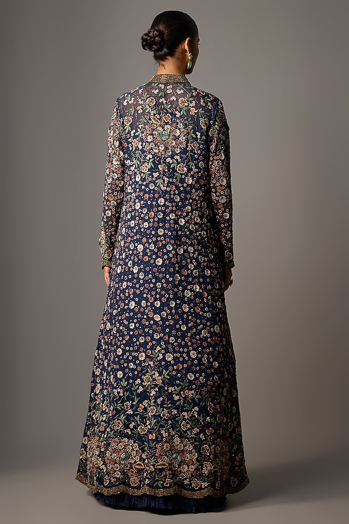 Blue Chiffon Thread Embroidered Jacket Set by Nakul Sen at Pernia's Pop Up Shop