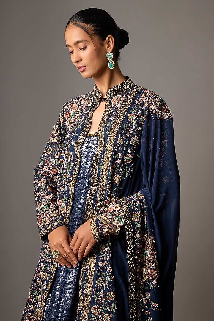 Blue Chiffon Thread Embroidered Jacket Set by Nakul Sen at Pernia's Pop Up Shop