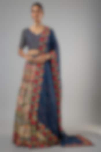 Blue Chiffon Thread Embroidered Bridal Lehenga Set by Nakul Sen at Pernia's Pop Up Shop