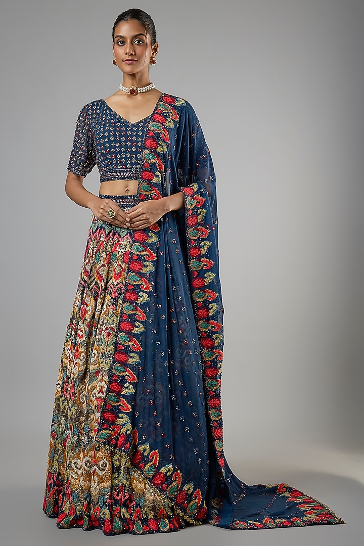 Blue Chiffon Thread Embroidered Bridal Lehenga Set by Nakul Sen at Pernia's Pop Up Shop