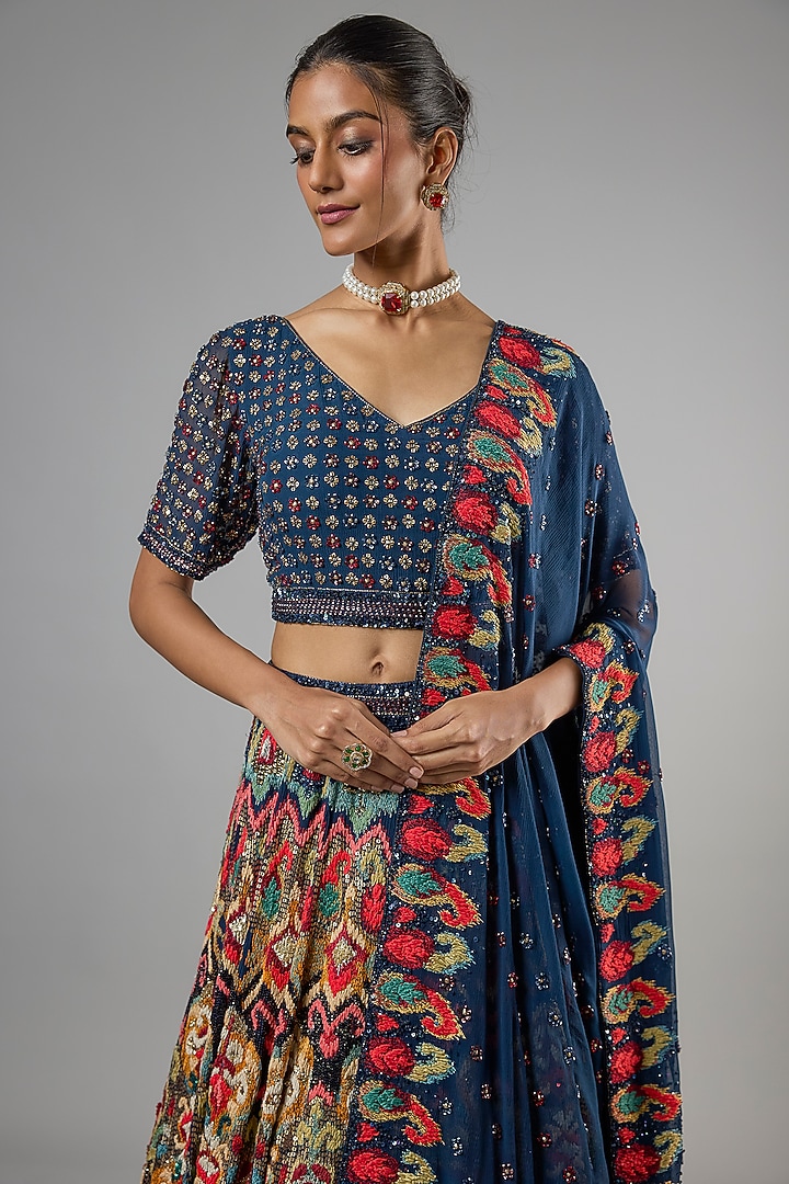 Blue Chiffon Thread Embroidered Bridal Lehenga Set by Nakul Sen at Pernia's Pop Up Shop