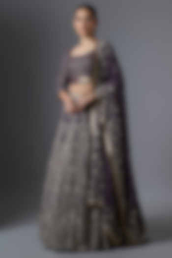 Purple Chiffon Thread Embroidered Bridal Lehenga Set by Nakul Sen at Pernia's Pop Up Shop