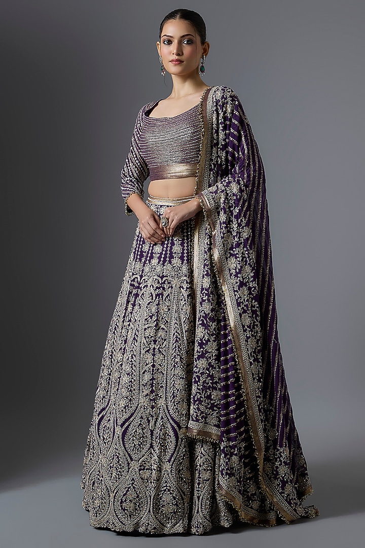 Purple Chiffon Thread Embroidered Bridal Lehenga Set by Nakul Sen at Pernia's Pop Up Shop