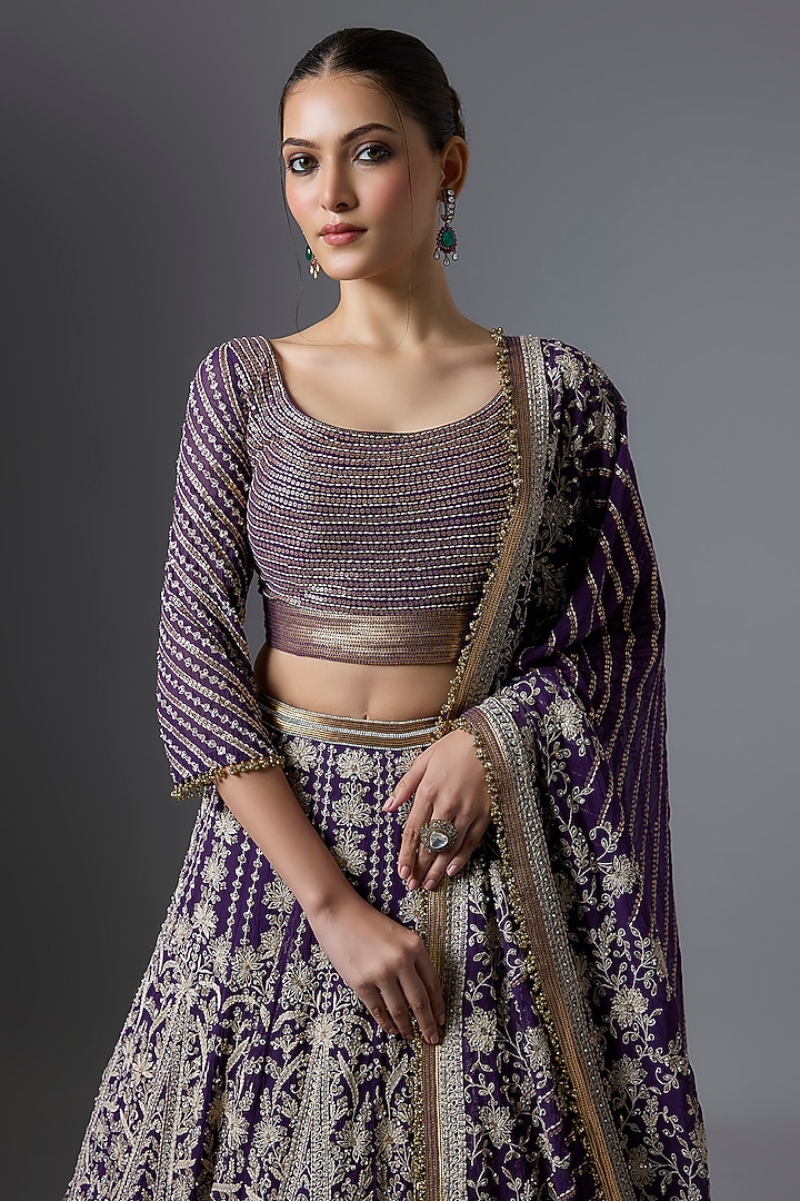 Purple Chiffon Thread Embroidered Bridal Lehenga Set by Nakul Sen at Pernia's Pop Up Shop