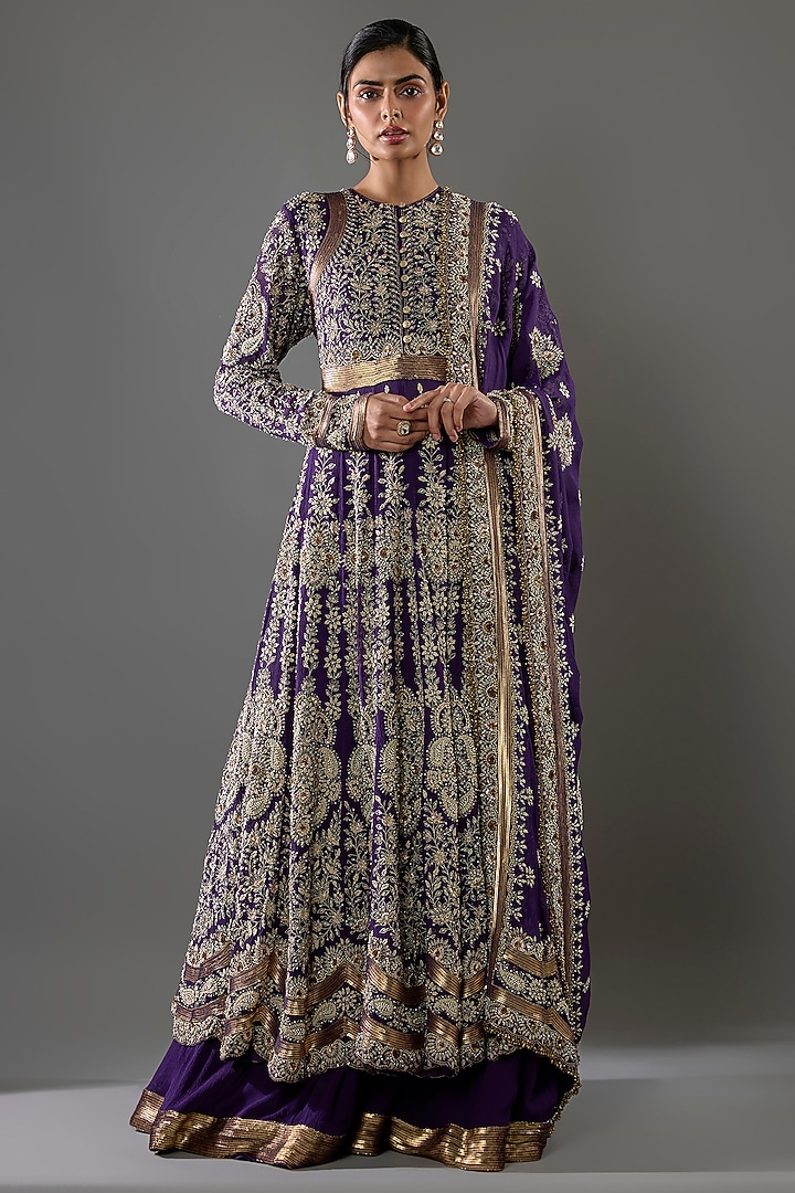 Purple Chiffon Sequins Embroidered Bridal Anarkali Set by Nakul Sen at Pernia's Pop Up Shop