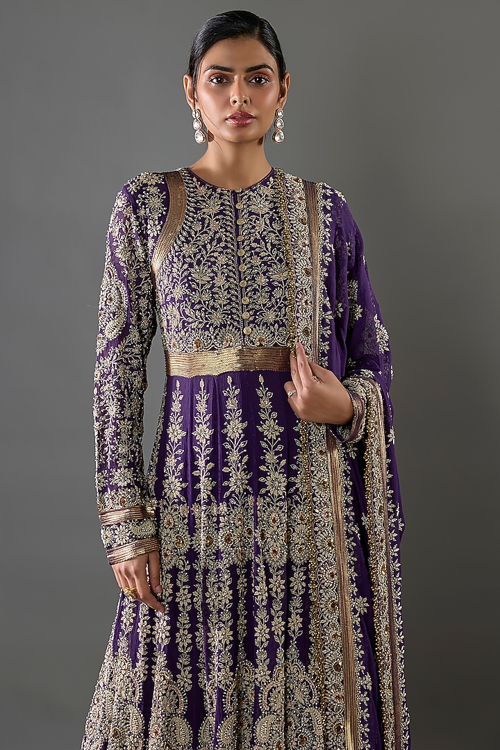 Purple Chiffon Sequins Embroidered Bridal Anarkali Set by Nakul Sen at Pernia's Pop Up Shop