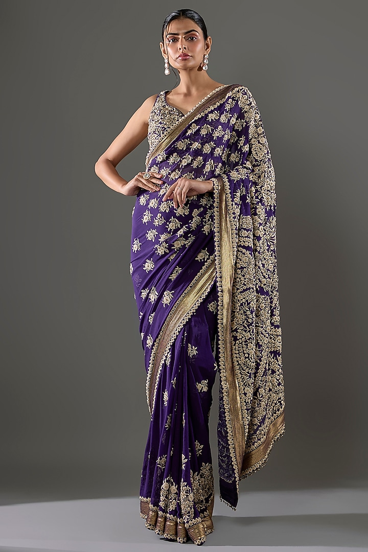 Purple Chiffon Sequins Embroidered Bridal Saree Set by Nakul Sen at Pernia's Pop Up Shop