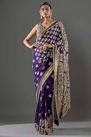 Purple Chiffon Sequins Embroidered Saree Set by Nakul Sen