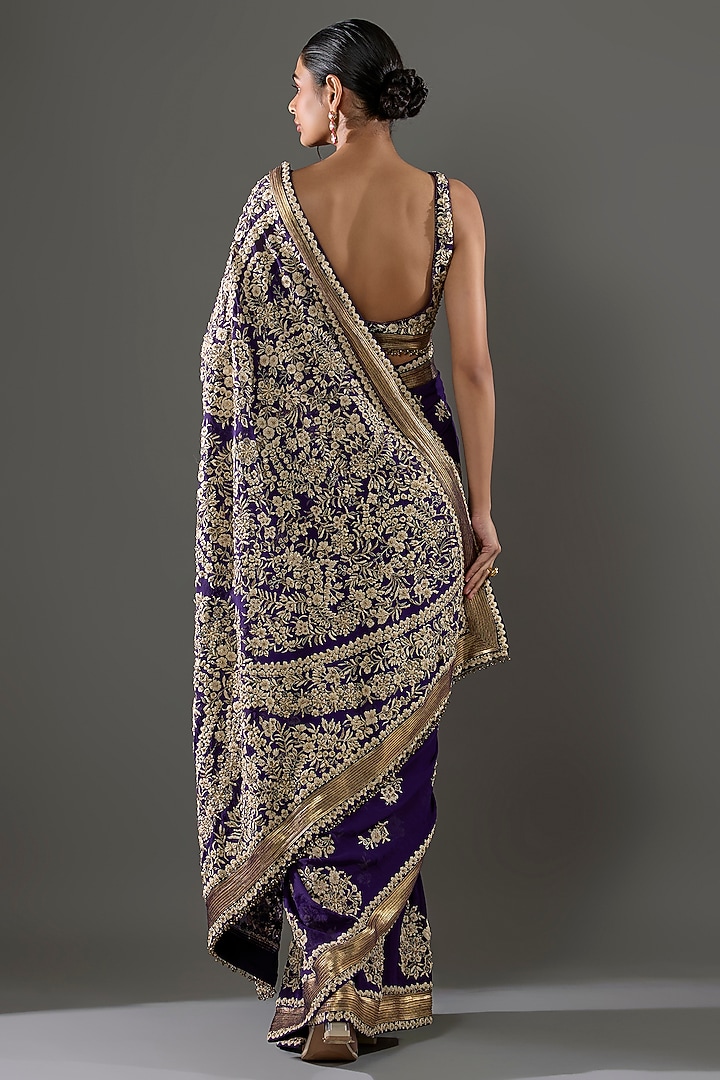 Purple Chiffon Sequins Embroidered Bridal Saree Set by Nakul Sen at Pernia's Pop Up Shop